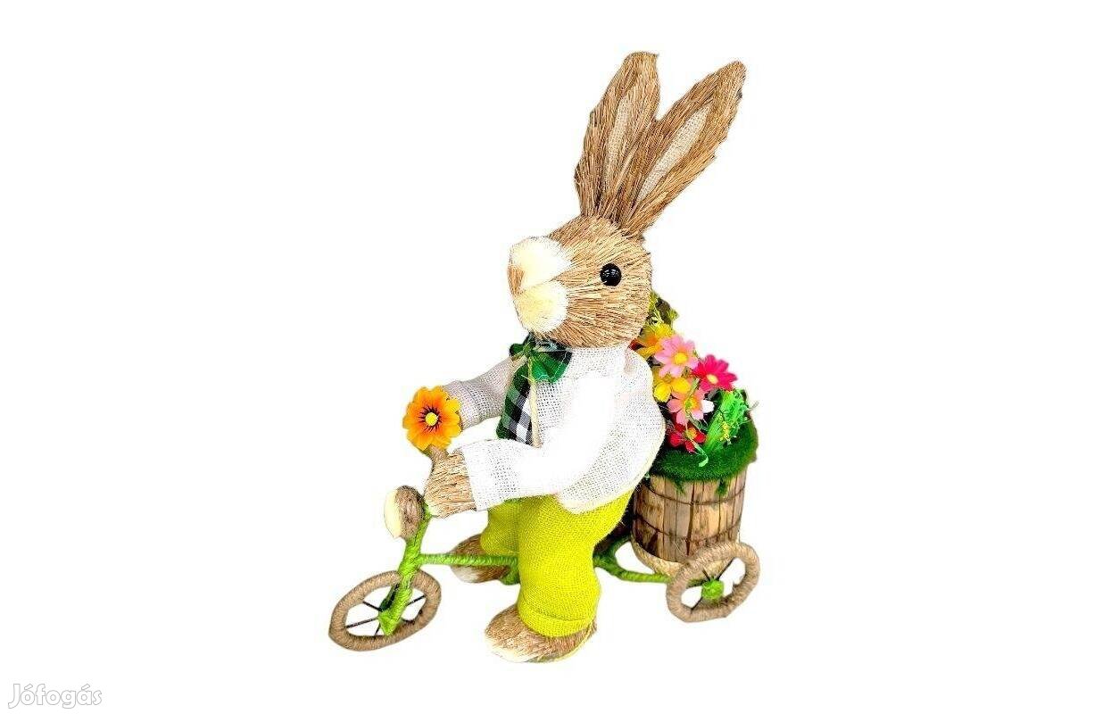 Húsvéti dísz természetes rost nyuszi biciklivel, 42 cm