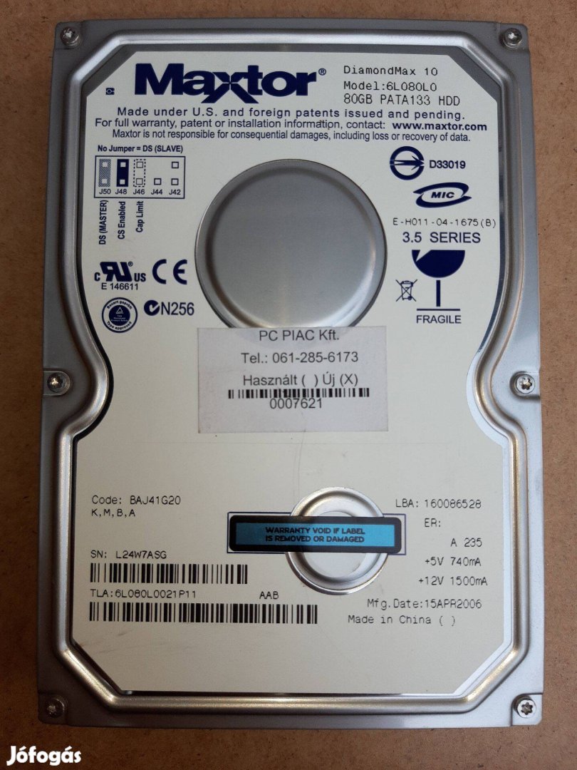 IDE 80GB merevlemez, Maxtor PATA HDD merev lemez 6L080L0 Diamondmax 10