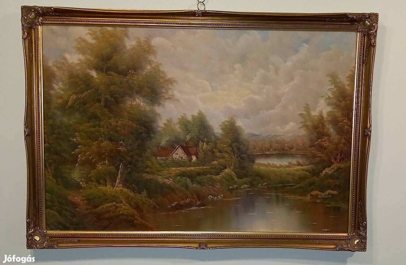 Idilli Vízparti Tájkép Olajfestmény Vásznon, Embáy-Kiss