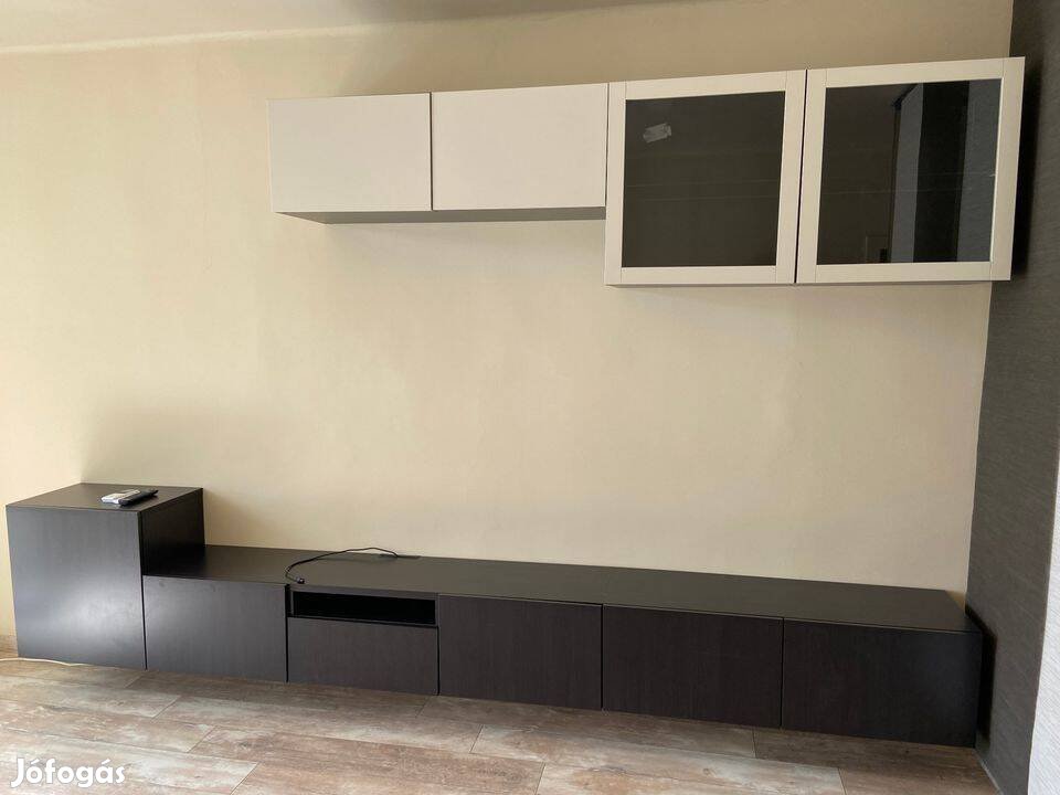 Ikea Besta TV-állványnappali fal feketebézs üvegpolcos