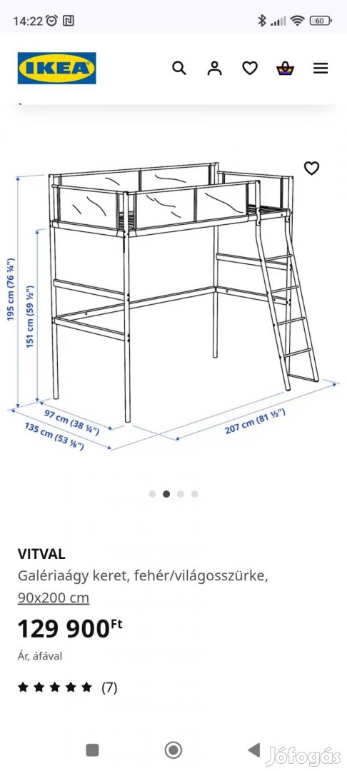 Ikea Vitval fém magasított ágy galériaágy ágykeret
