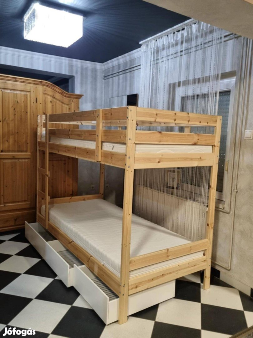 Ikea fenyő emeleteságy ágyneműtartóval 90x200
