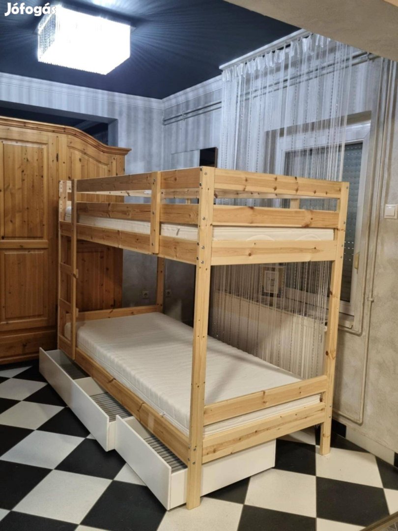 Ikea fenyő emeleteságy ágyneműtartóval 90x200