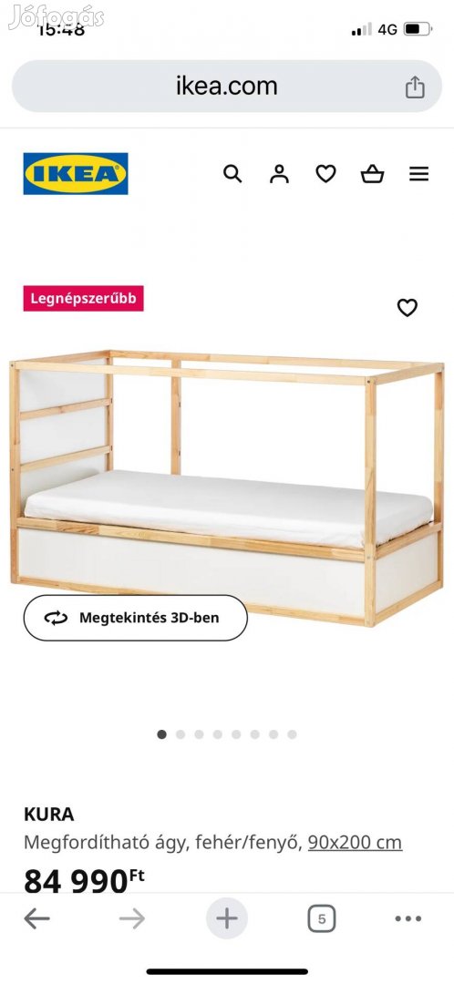 Ikea kura  megfordítható fenyő ágy 90*200 cm