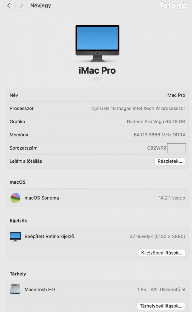 Imac Pro 18 magos,2T ssd., Radeon Pro Vega 64 16 GB