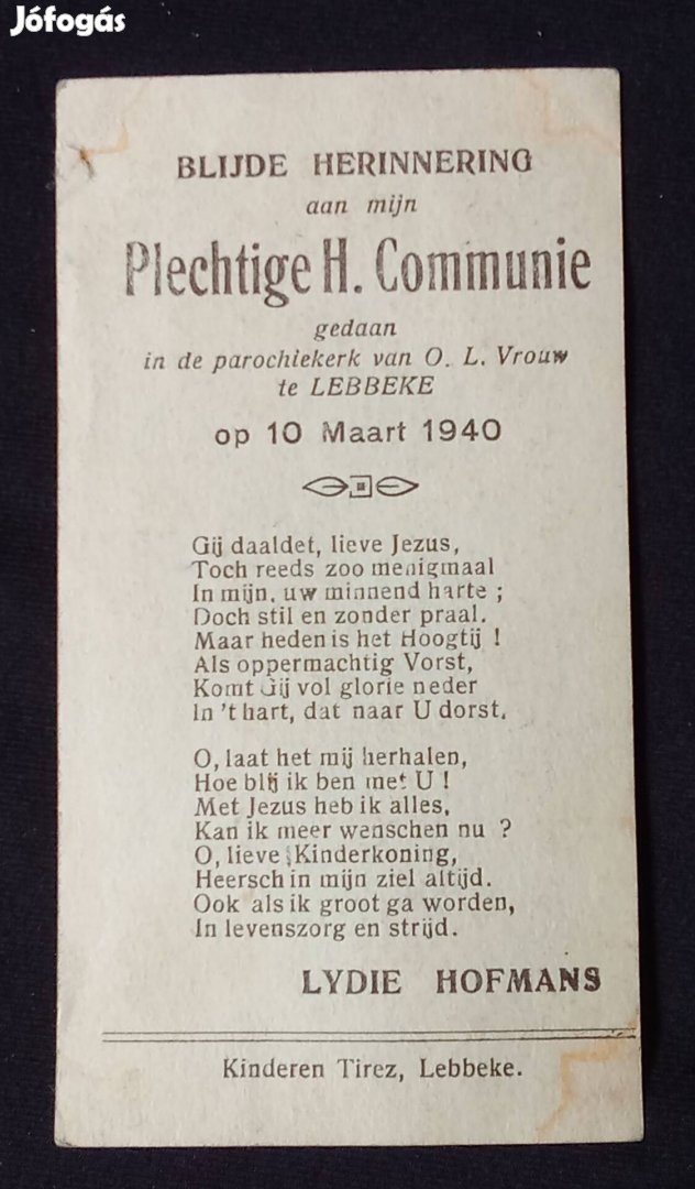Imalap, imakönyvbe való lap 1940 Belgium 