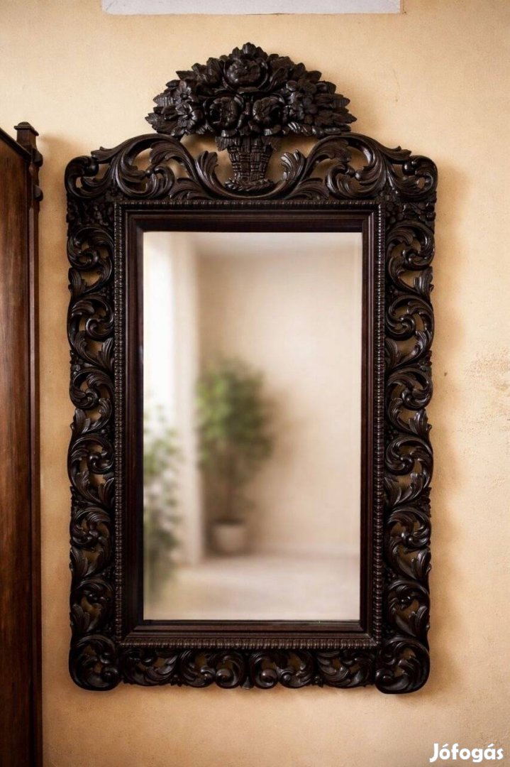 Impozáns nagyméretű antik barokk tükör, faragott fa,