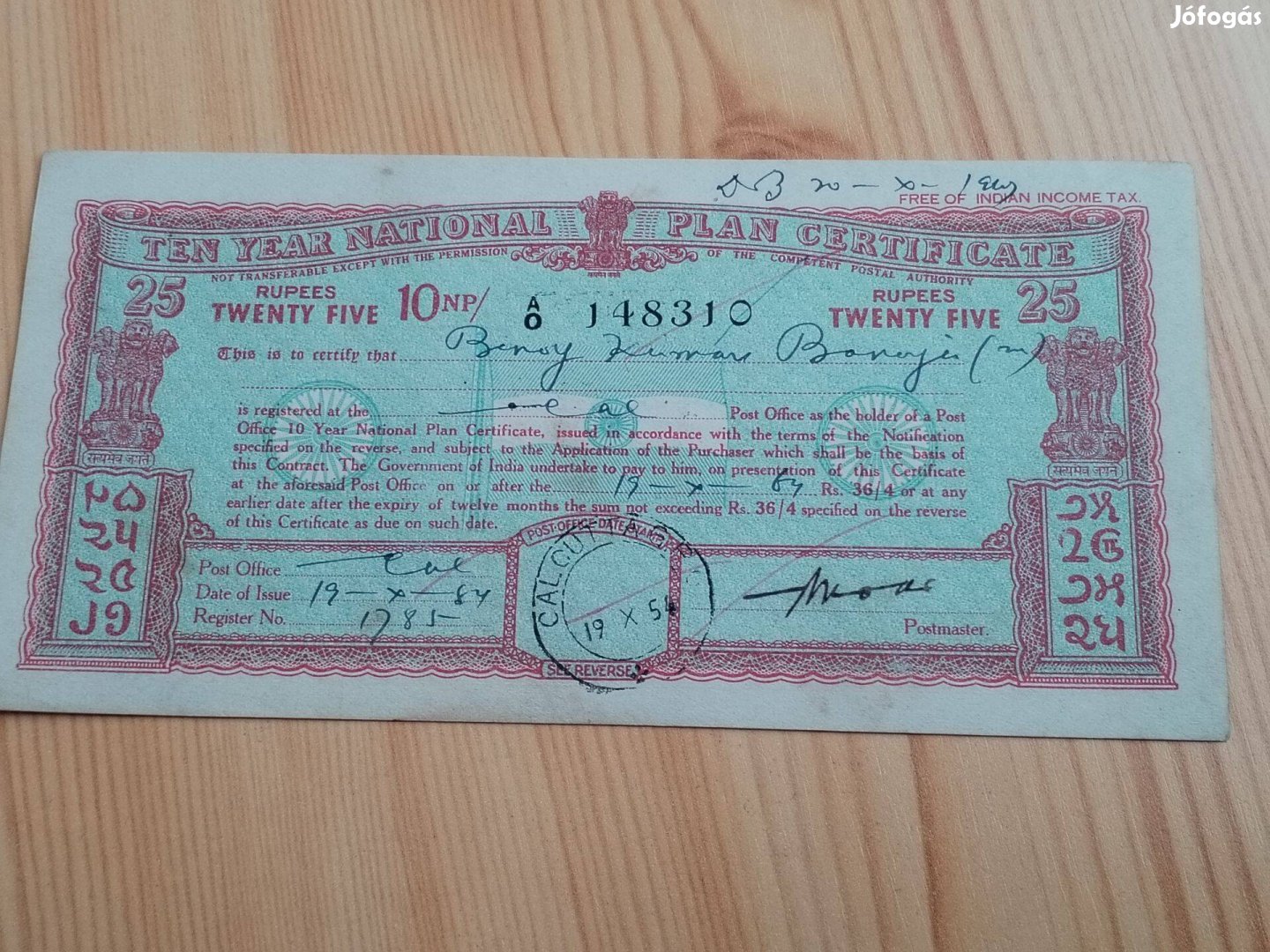 Indiai 25 rupiás Calkuttai 1954-es csekk