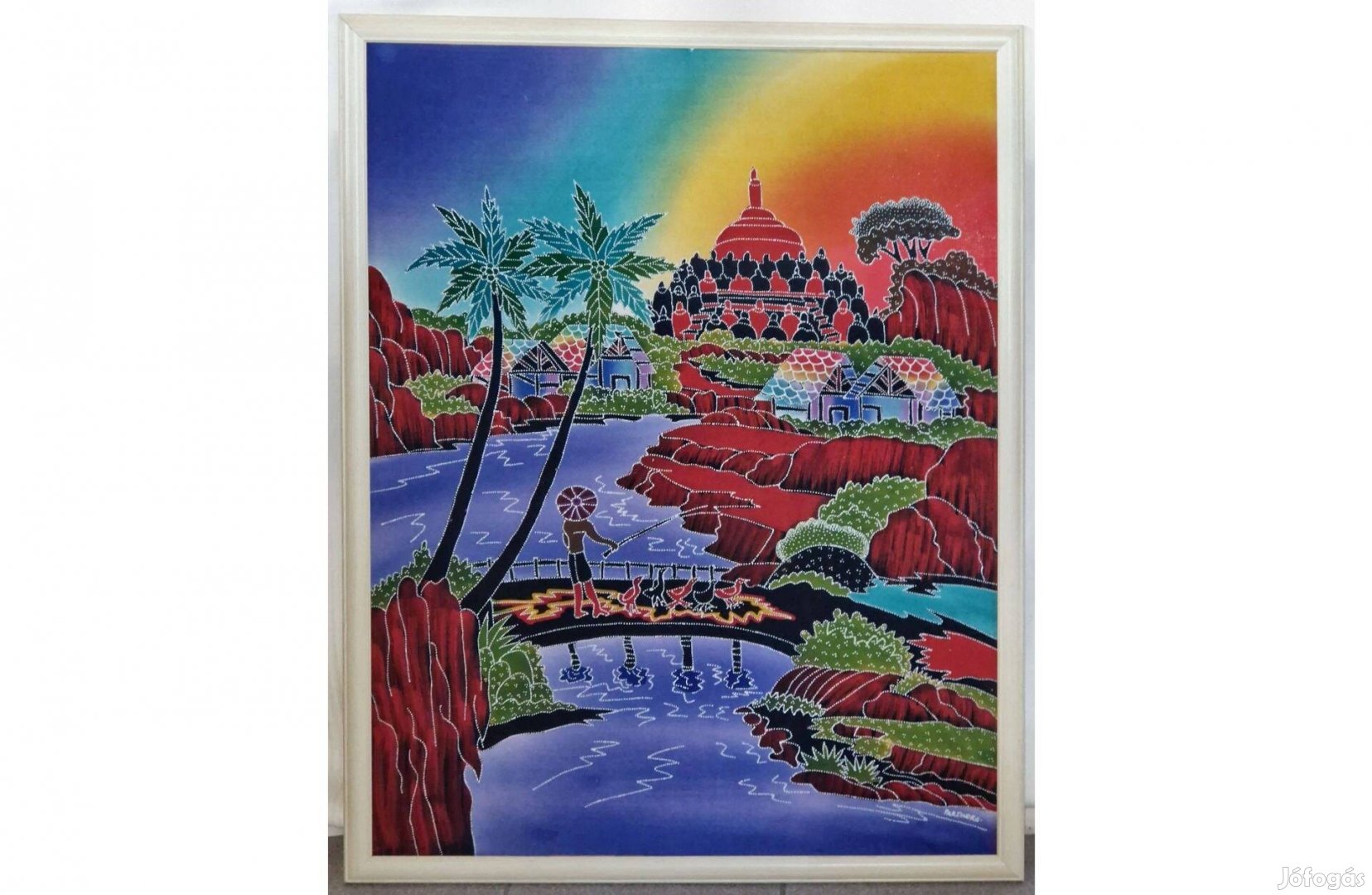 Indonéz batik kép / festmény fa hatású keretben 96x76cm