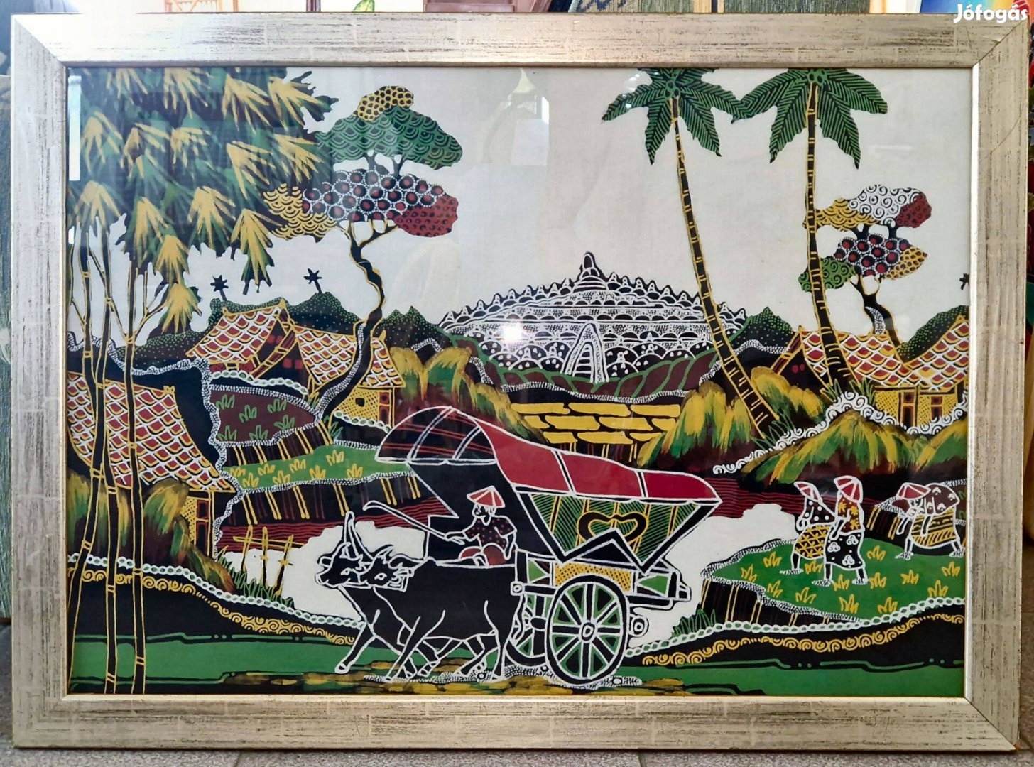 Indonéz batik kép / festmény üvegezett keretben 77x57cm