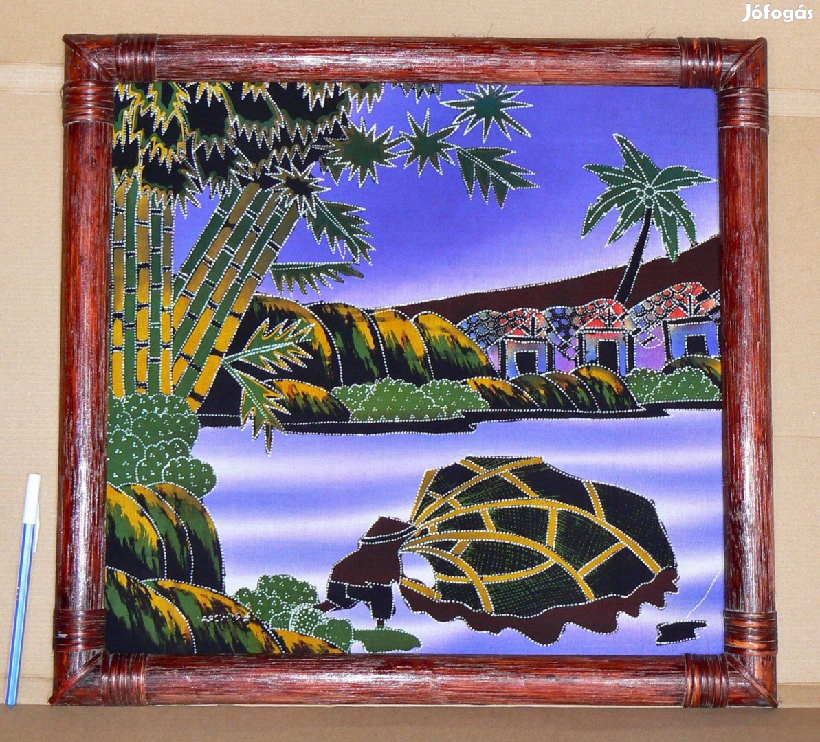 Indonéz batik vászonkép / festmény rattan keretben 49x46cm