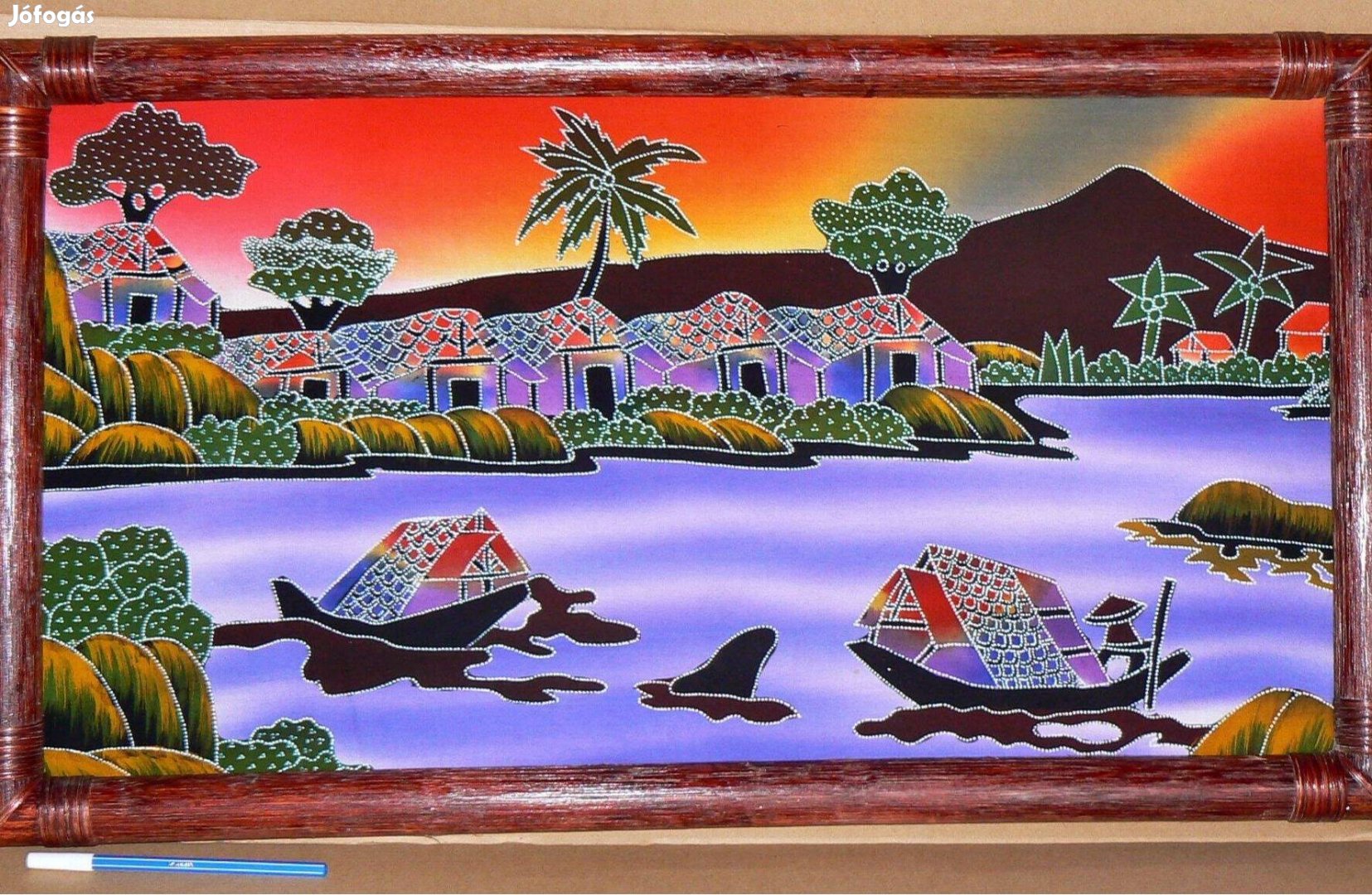 Indonéz batik vászonkép / festmény rattan keretben 75x43cm