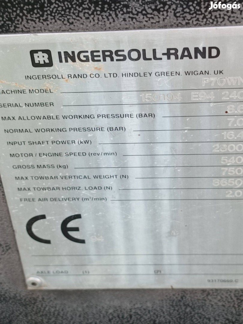 Ingersoll - Rand vontatható csavarkompresszor P70 WN típusú 3 hengeres