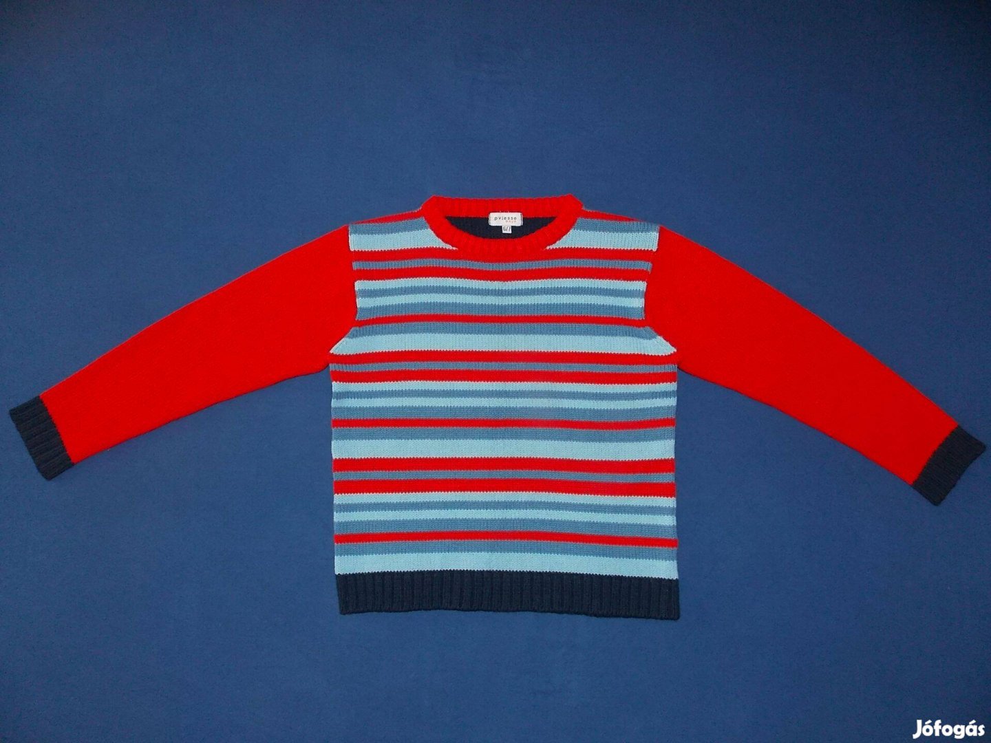 Ingyen Posta, Kék-piros csíkos, kötött pulóver 116-122-os, 6-7 évesre