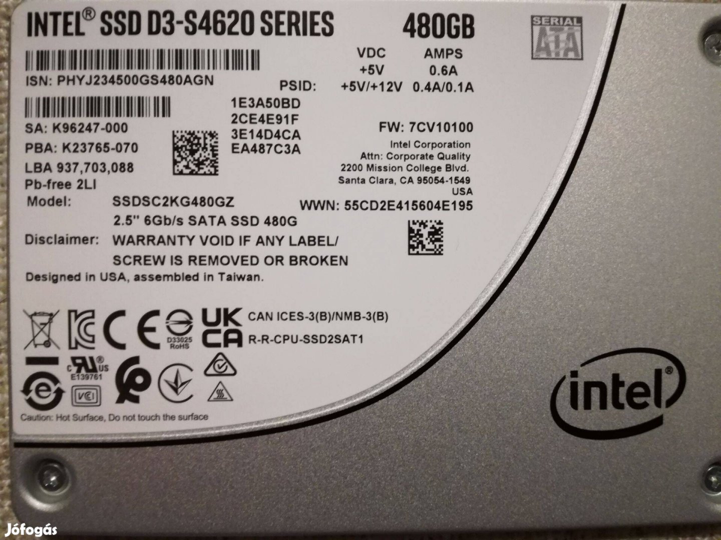 Intel 480 GB SSD 2,5"-os S4620 sorozat