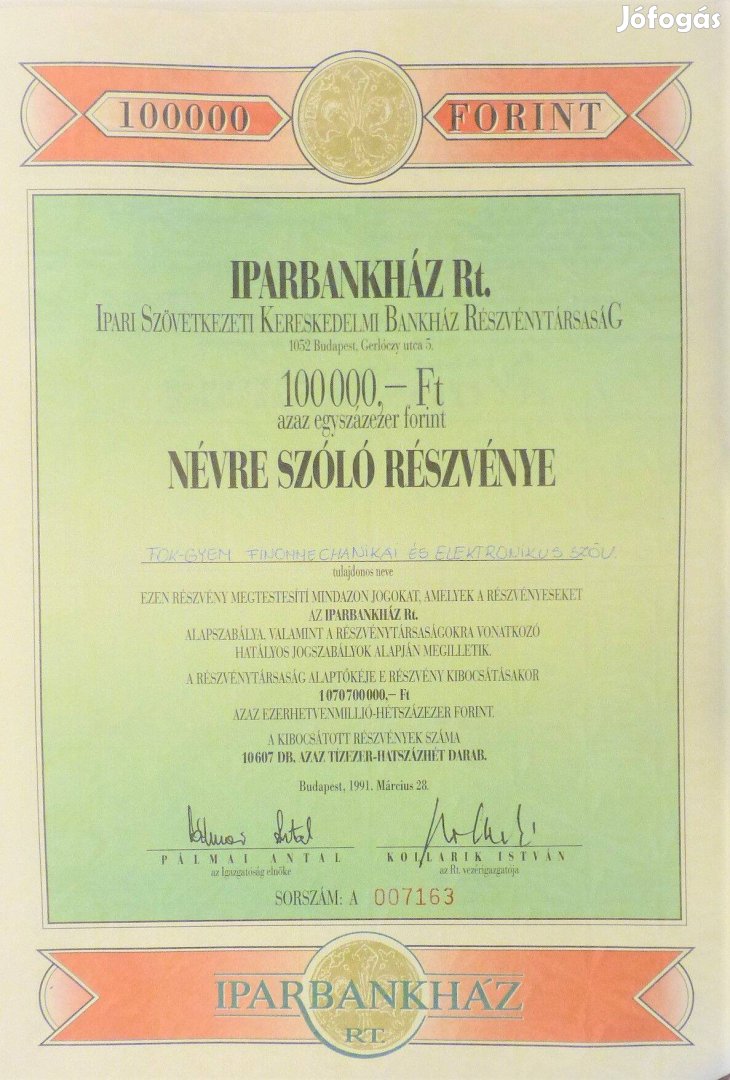 Iparbankház részvény 100.000 Ft névre szóló. 1991