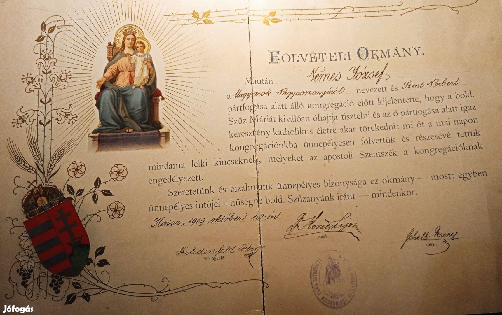 Iratrégiség 1909 Fölvételi Okmány diploma