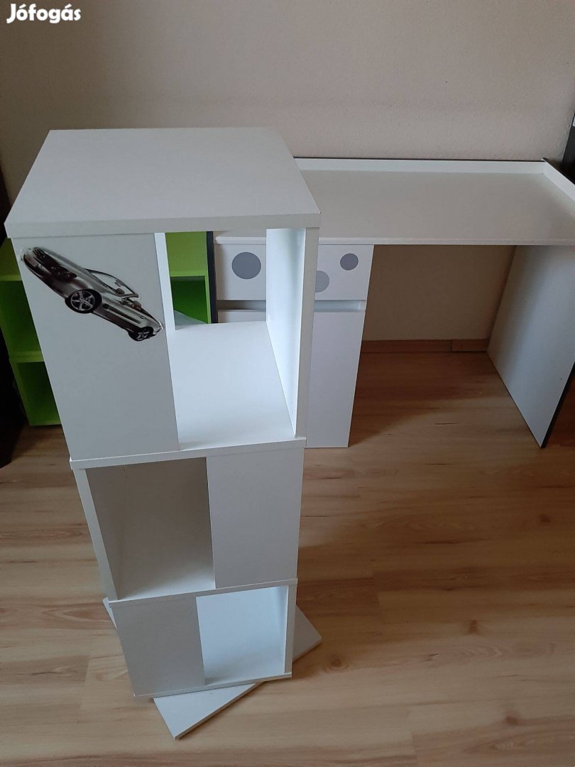 Íróasztal és forgó polc könyvszekrény fehér