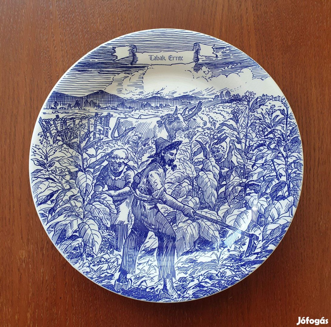 Ironstone Tableware angol jelenetes kék porcelán tányér dohányföld