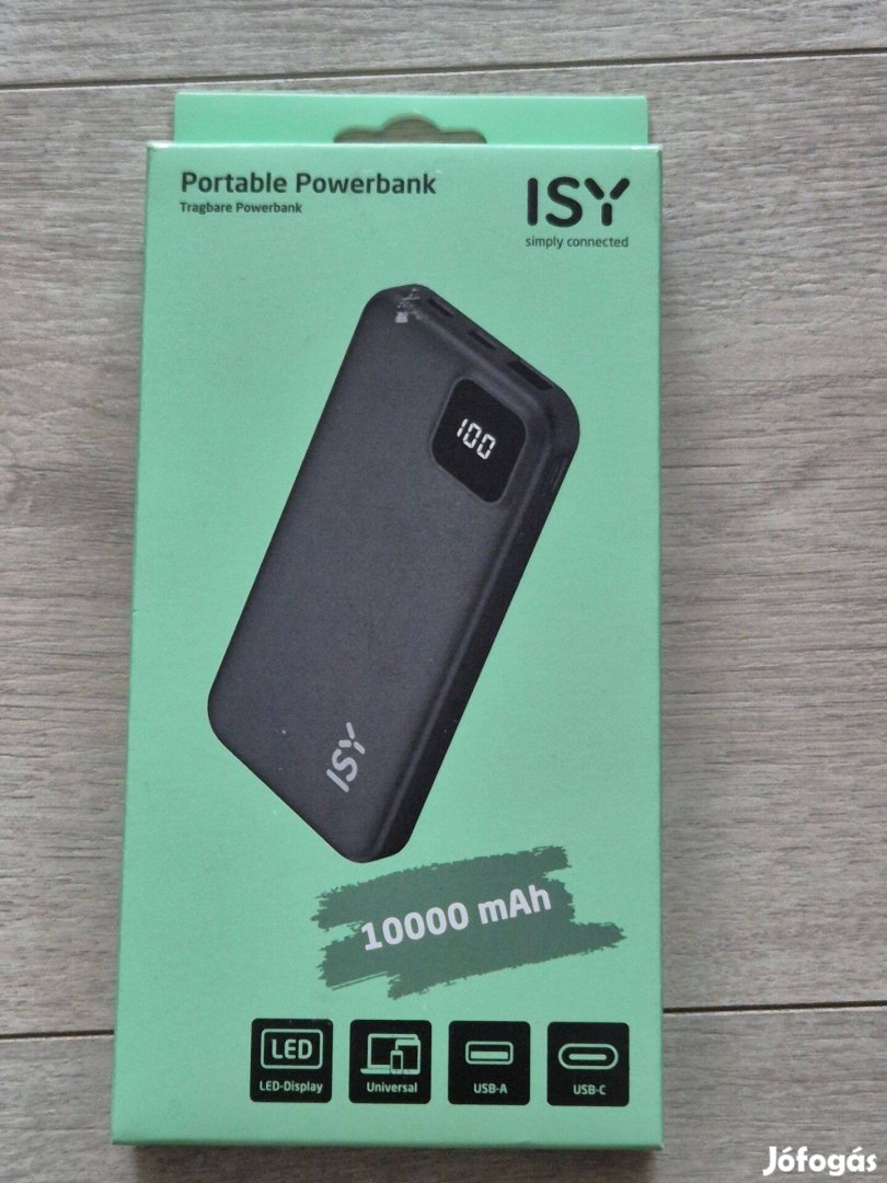 Isy Powerbank 10000 mAh fekete LED kijelzővel - bontatlan