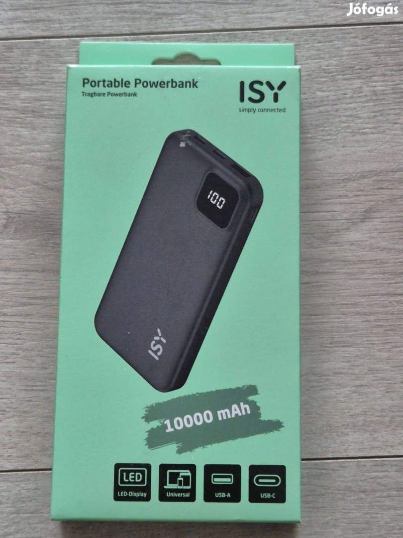 Isy Powerbank 10000 mAh fekete LED kijelzővel - bontatlan