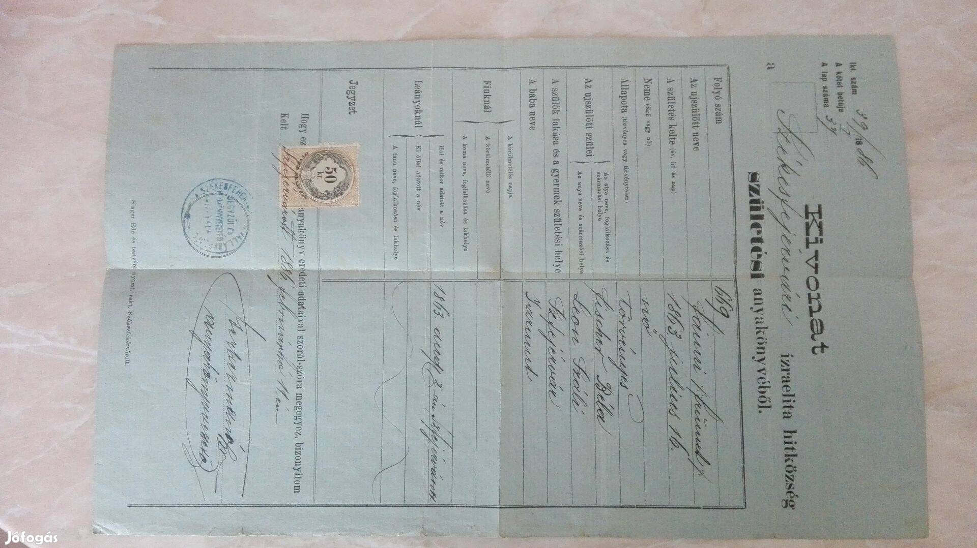 Izraelita Hitközség Székesfehérvár 1886-os Anyakönyvi