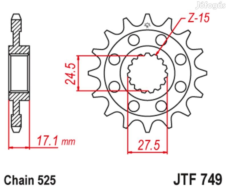 JT SPROCKETS Acél zajmentes első lánckerék 749 - 525