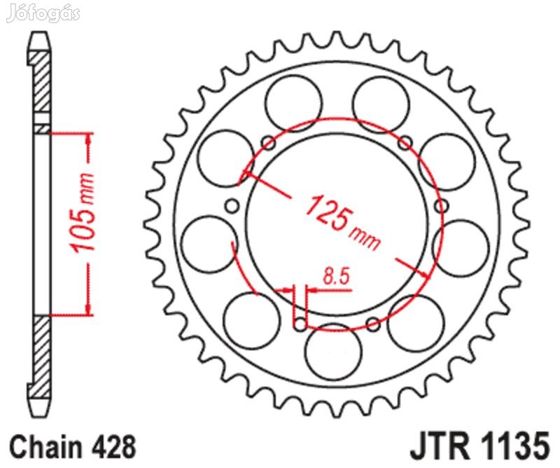 JT SPROCKETS Standard acél hátsó lánckerék 1135 - 428