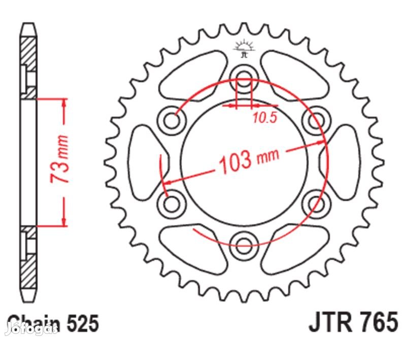 JT SPROCKETS Standard acél hátsó lánckerék 765 - 525
