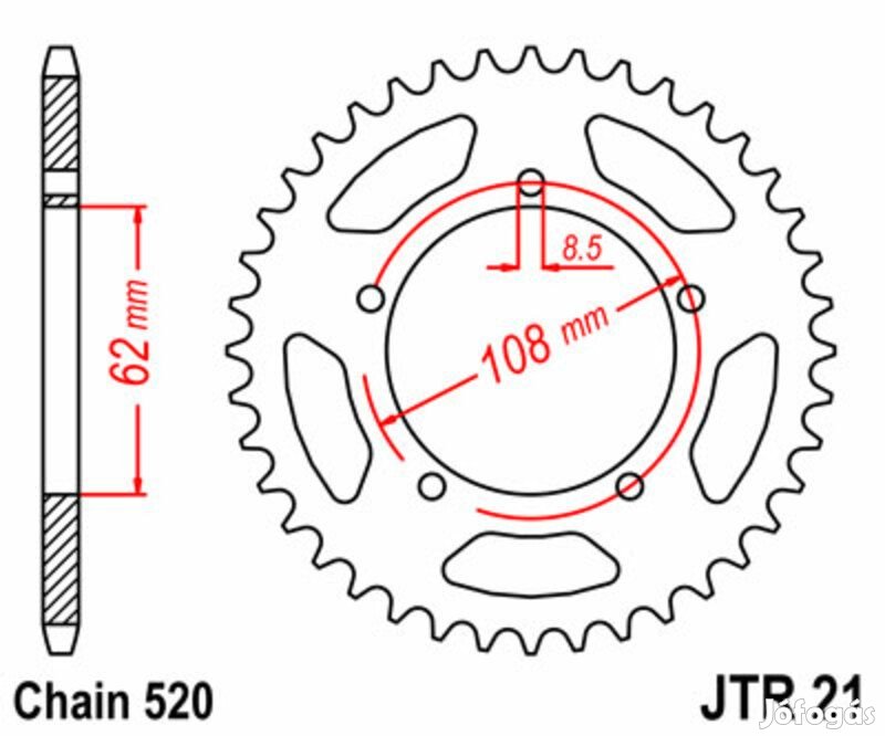 JT SPROCKETS acél standard hátsó lánckerék 21 - 520