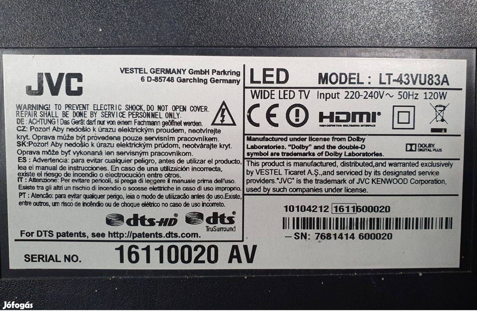 JVC LT-43VU83A LED tv hibás törött alkatrésznek