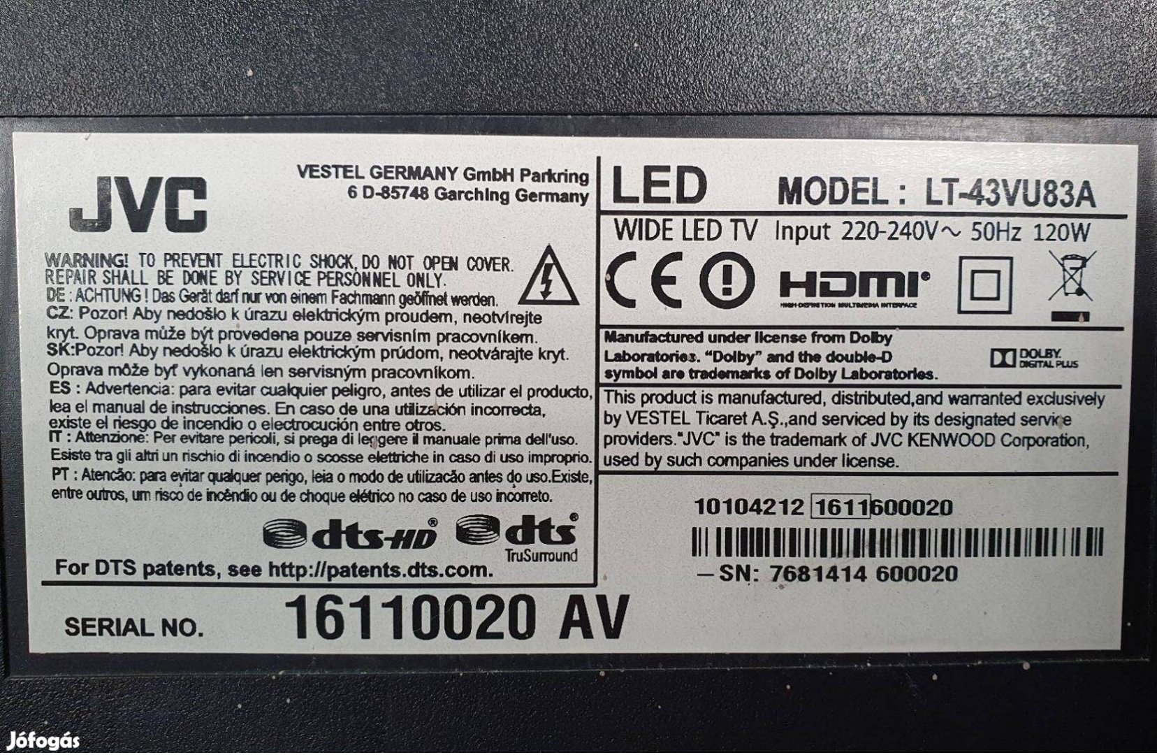 JVC LT-43VU83A LED tv hibás törött alkatrésznek eladó