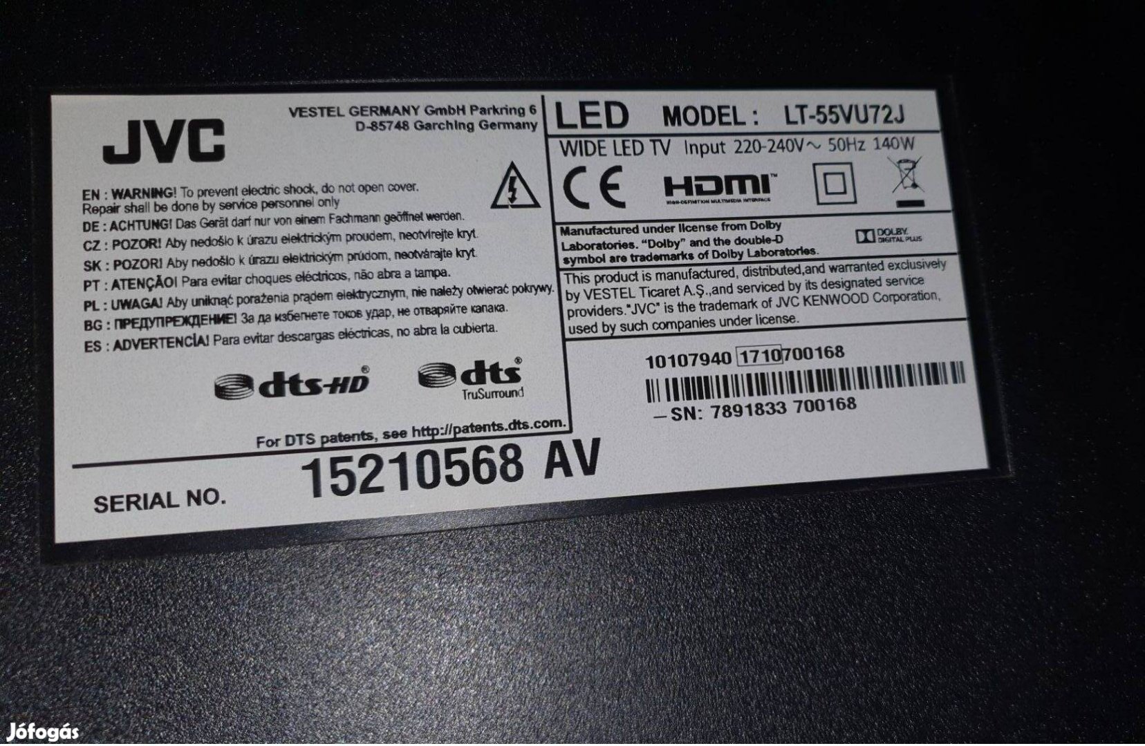 JVC LT-55VU72J LED LCD tv hibás törött alkatrésznek