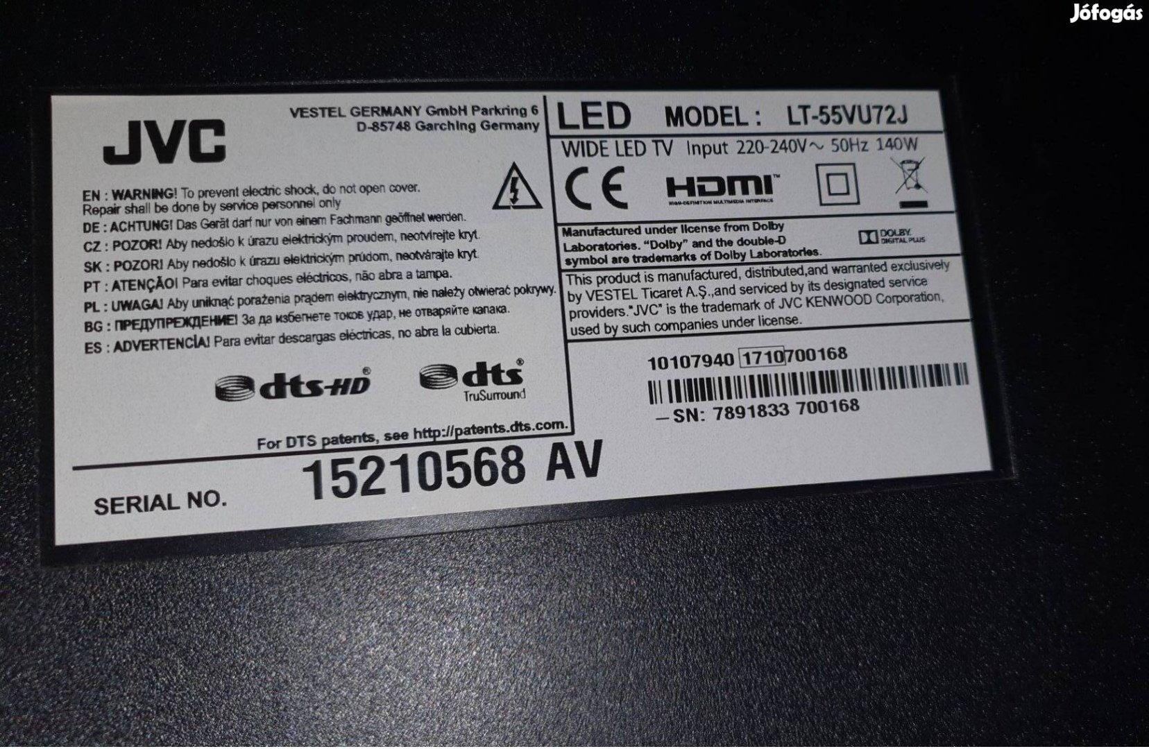 JVC LT-55VU72J LED tv törött alkatrésznek mainboard elkelt