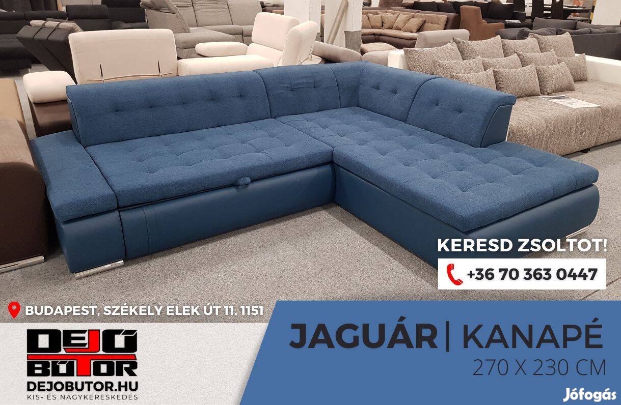 Jaguár sarok kanapé 270x230 cm ágyazható ülőgarnitúra kék szivacsos