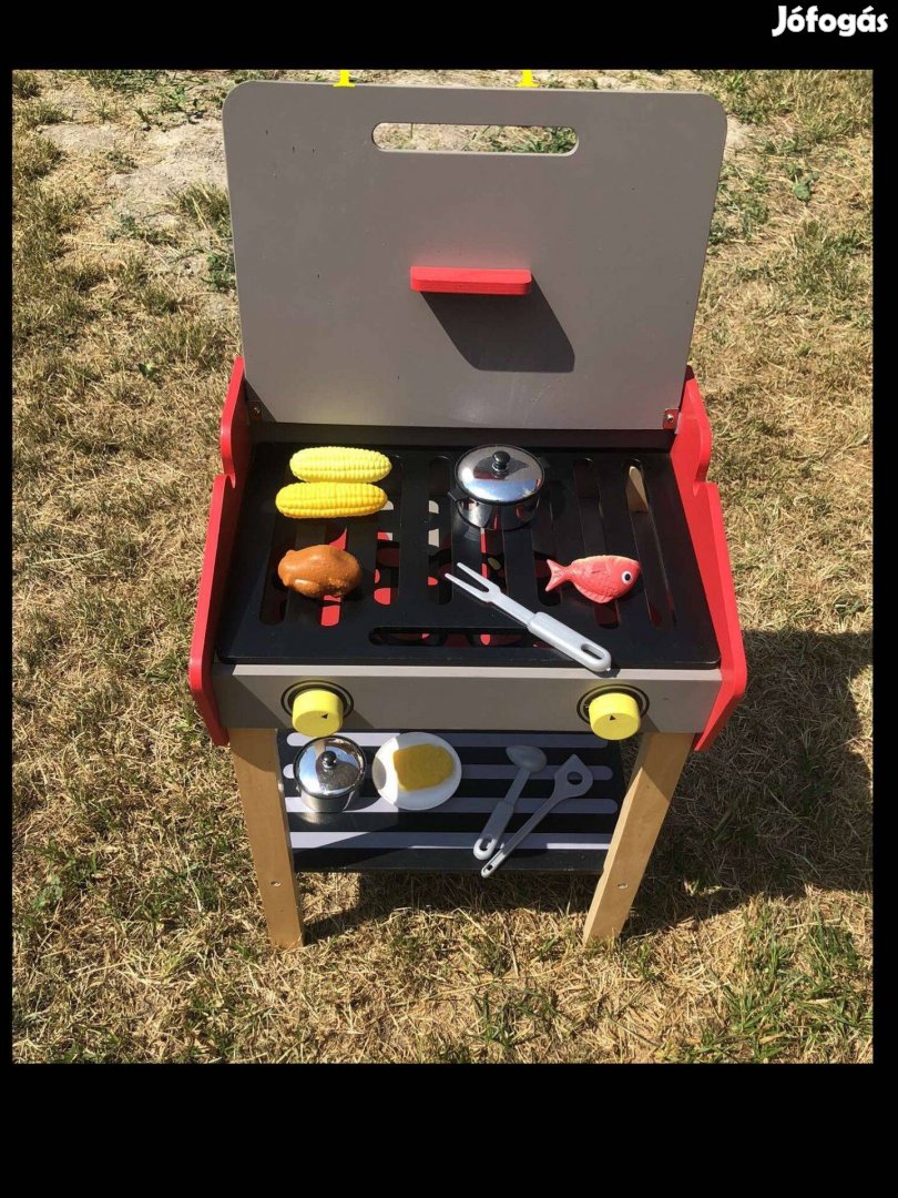 Játék grillkészlet, grillezős fa gyerekjáték kiegészítőkkel,