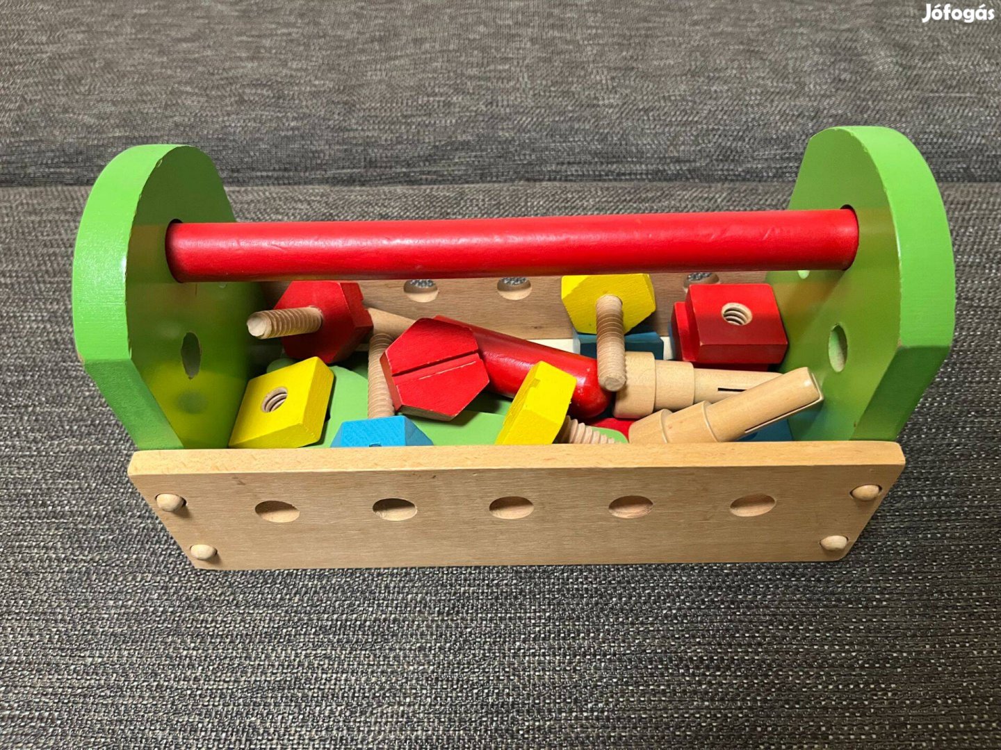 Játék szerszámosláda, barkácskészlet, színes fa szett