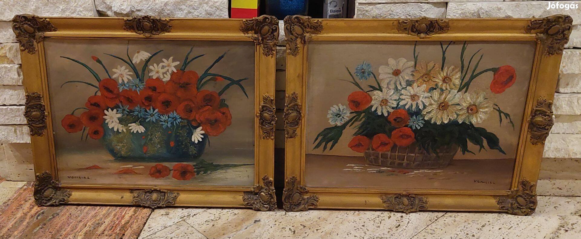 Jelzett olaj-karton festmény pár, virágcsendélet blondel