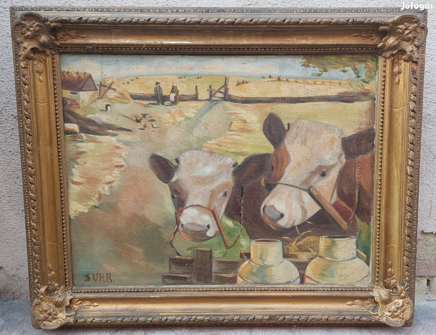 Jelzett olaj-vászon festmény régi keretben, tehenek