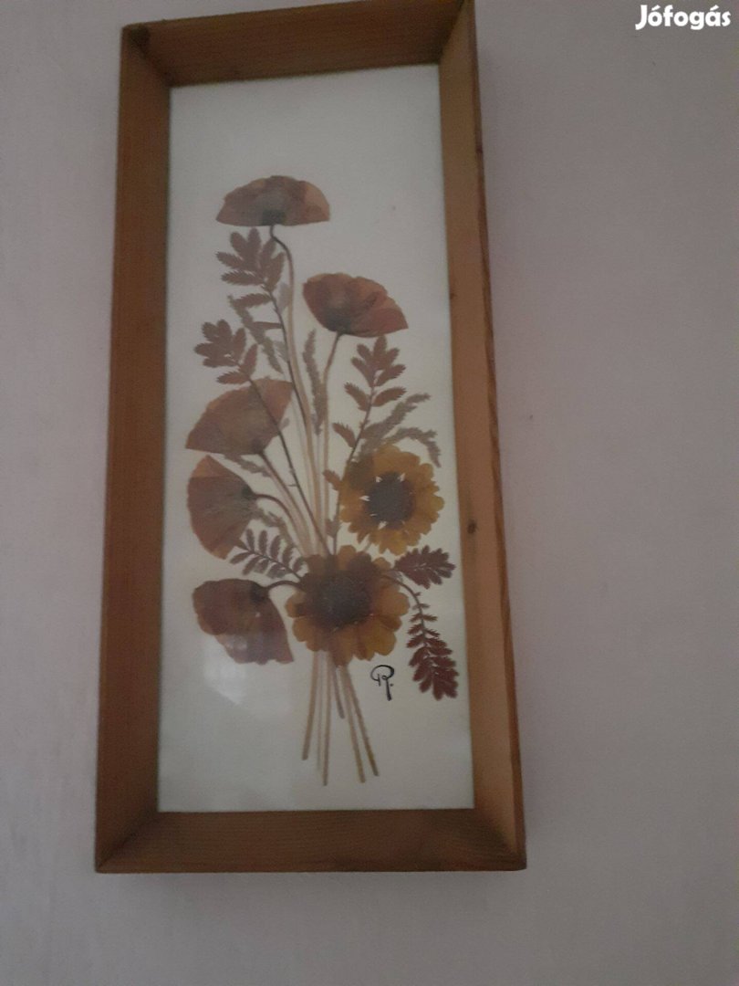Jelzett szignózott retro szárított virágkompozíció keretezve üvegezve