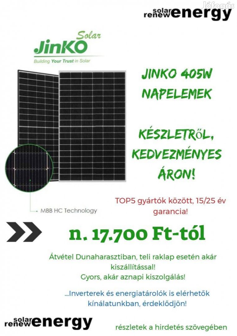 Jinko 405W napelem panelek olcsón, készletről