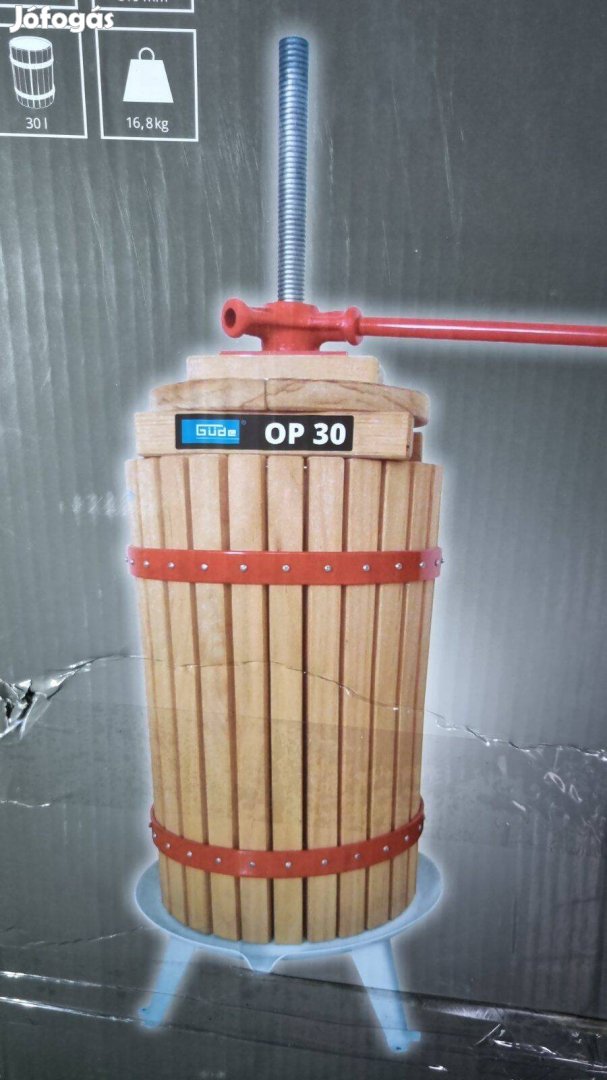 Jó áron, 30 literes szőlőprés tölgyfa léces kosárral, gyümölcs prés