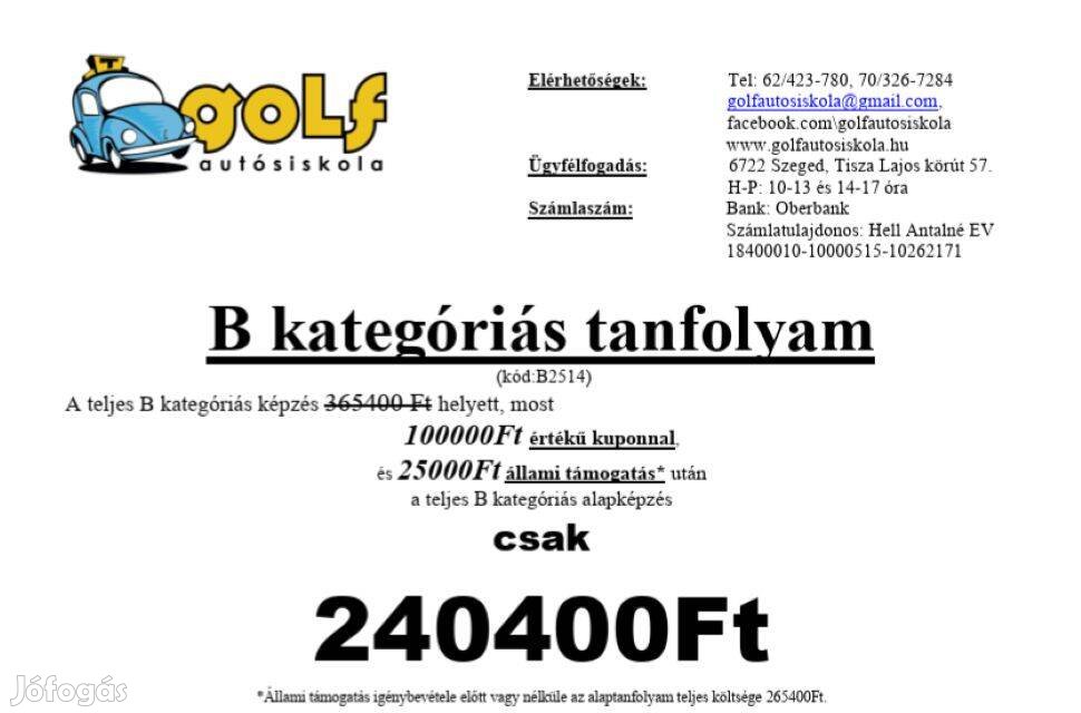 Jogosítvány kupon 100 000 Forint értékben a Golf Autósiskolá