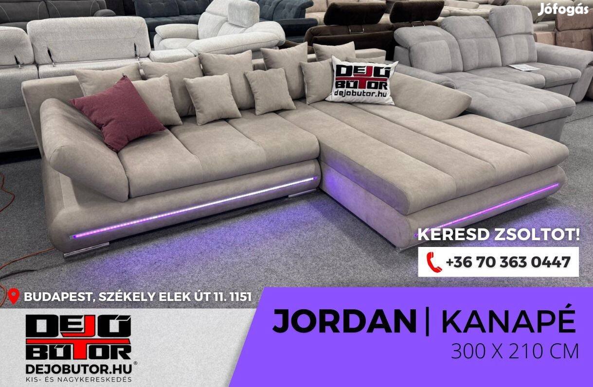 Jordán rugós sarok kanapé ülőgarnitúra 300x210 cm LED ágyazható gray