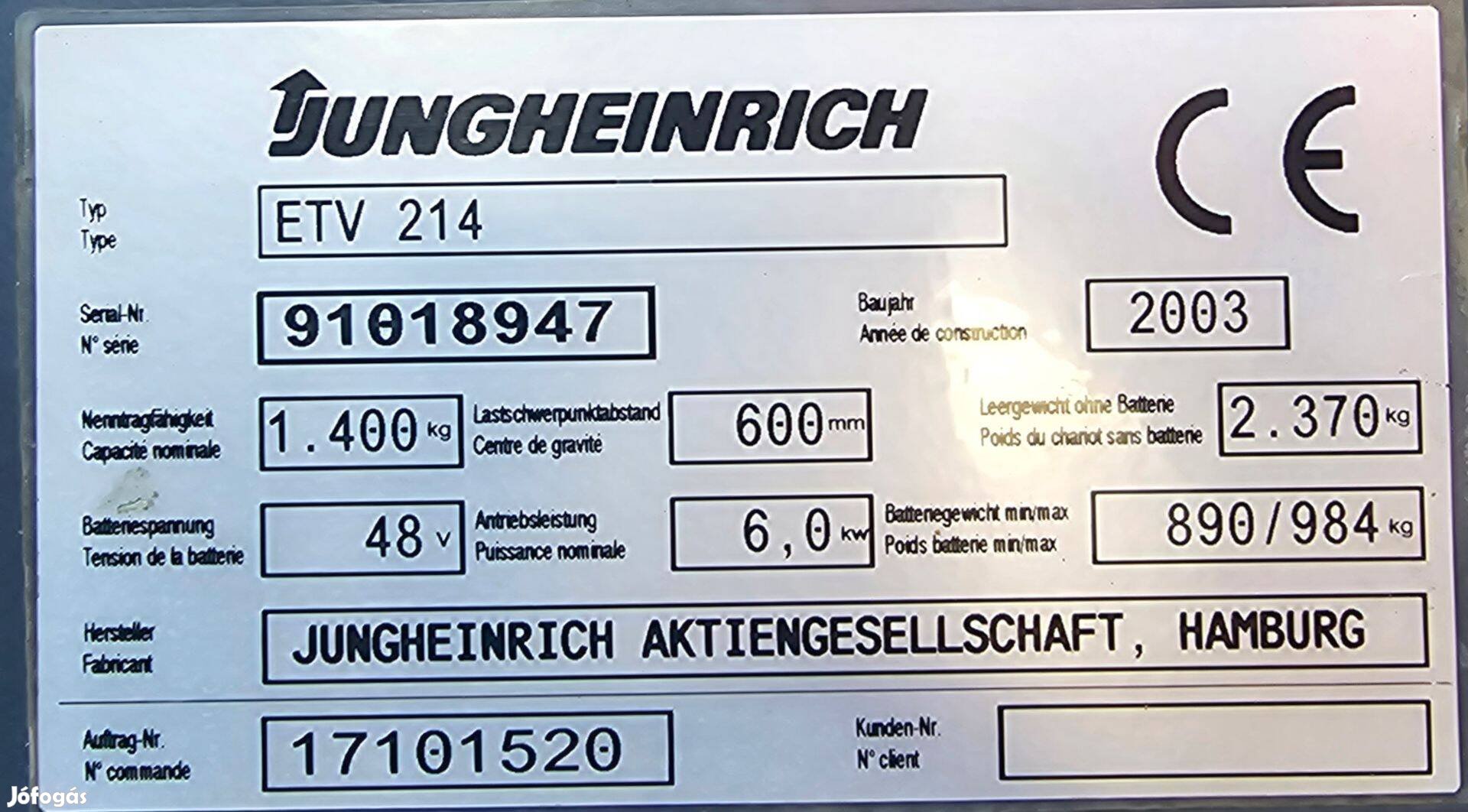 Jungheinrich ETV 214 elektromos tolóoszlopos targonca