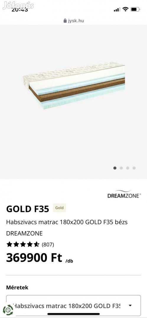 Jysk Habszivacs matrac 180x200 GOLD F35 bézs Dreamzone