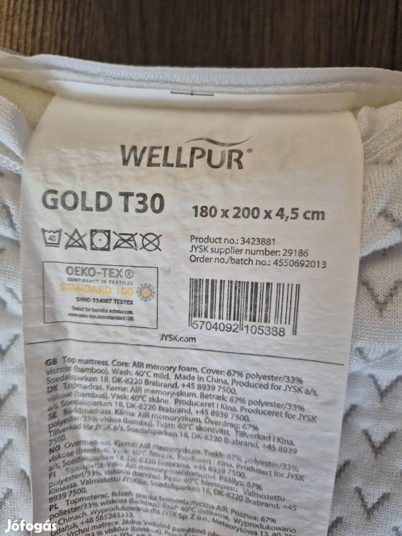 Jysk Wellpur Gold T30 180x200 memóriahabos fekvőbetét