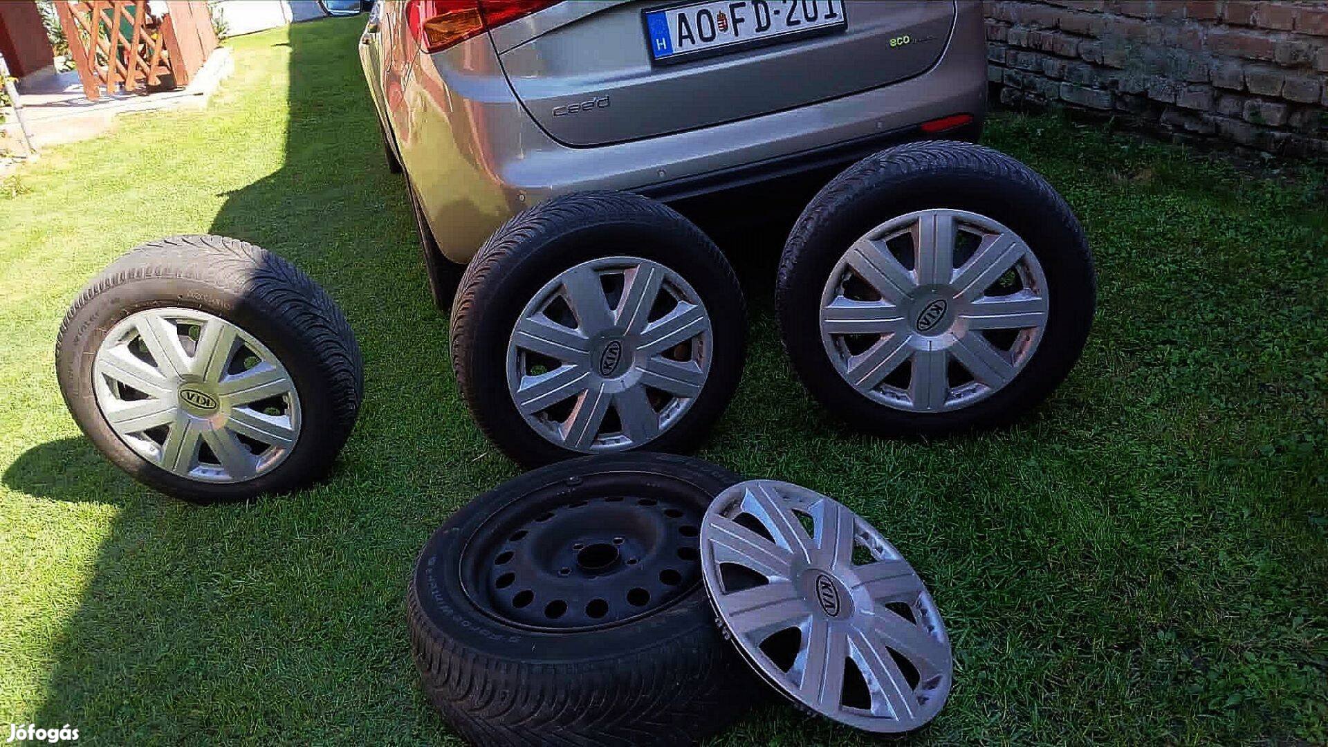 KIA, Hyundai acélfelni, lemezfelni gumival + KIA gyári dísztárcsa