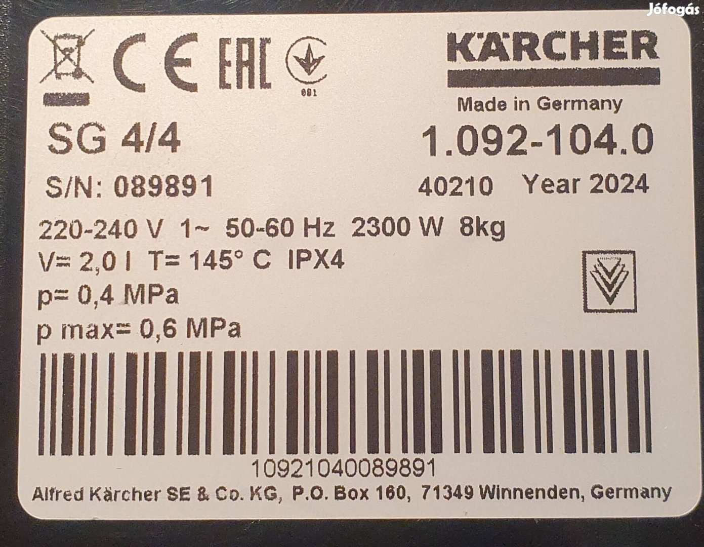 Kärcher SG 4/4 Gőztisztító ipari keveset használt!
