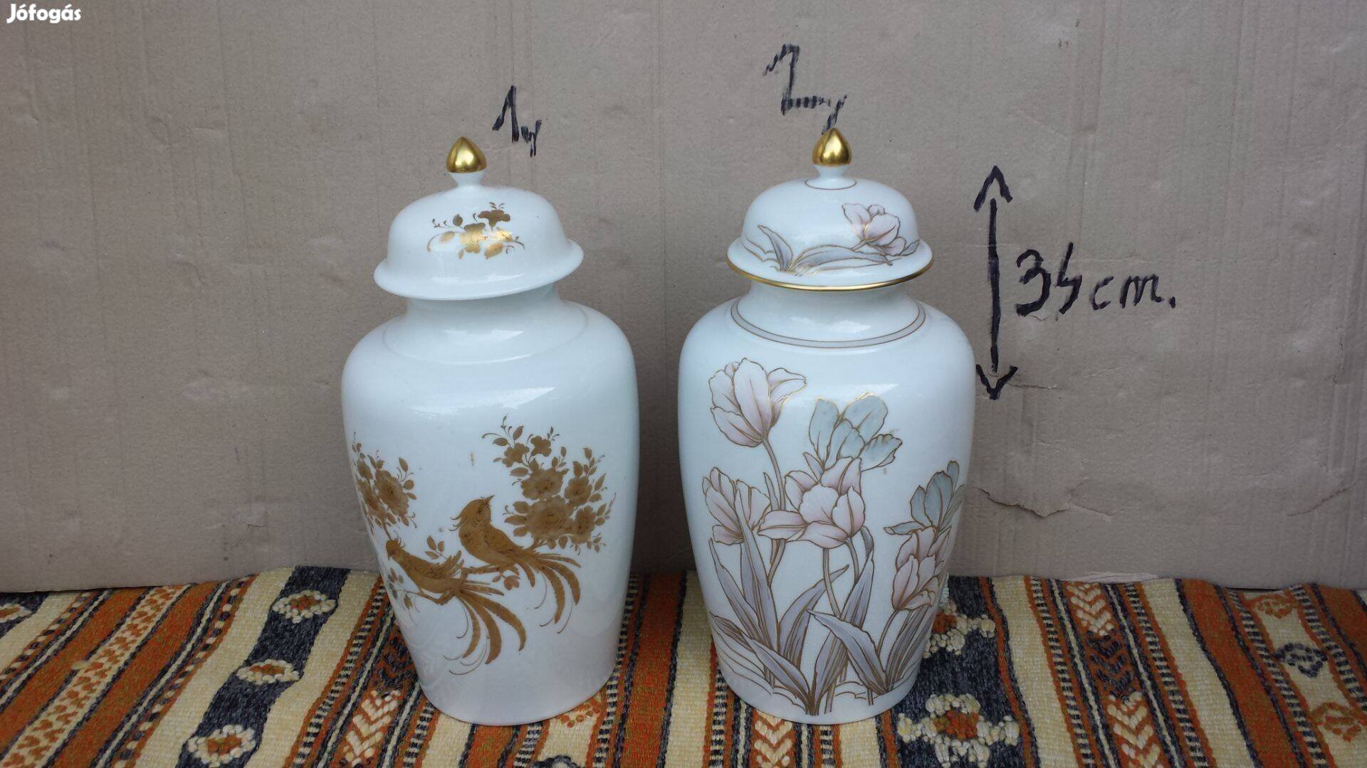 Kaiser Nossek kézi festett porcelán fedeles váza arany díszítés 34 cm